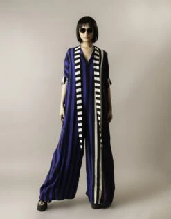 Cobalt Stripes Print On Crepe Kaftan Jumpsuit