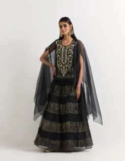Black Cape With Tiered Skirt In Organza