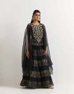 Black Cape With Tiered Skirt In Organza -Incasee Ceantral omcsfoil033