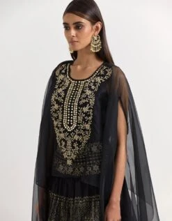 Black Cape With Tiered Skirt In Organza -Incasee Ceantral omcsfoil034