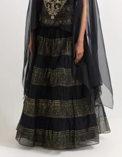 Black Cape With Tiered Skirt In Organza -Incasee Ceantral omcsfoil035