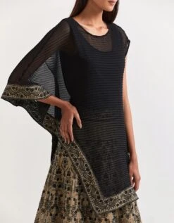 Black And Beige Cape With Skirt In Crinkle Georgette And Tissue Chanderi -Incasee Ceantral omcslac02a4
