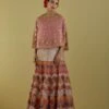 Salmon Pink Organza Hand Embroidered Cape With Skirt