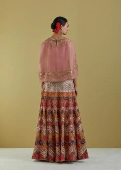 Salmon Pink Organza Hand Embroidered Cape With Skirt -Incasee Ceantral omiwcape104272andskirt104409b