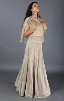 Beige Hand Embroidered Circular Cape With Lehenga Skirt