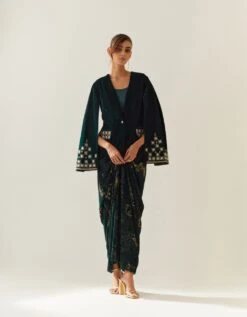 Bottle Green Bat Sleeve Jacket With Drape Skirt