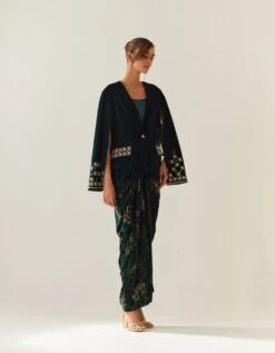 Bottle Green Bat Sleeve Jacket With Drape Skirt -Incasee Ceantral omjtvel2303omskvel23033