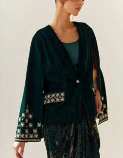 Bottle Green Bat Sleeve Jacket With Drape Skirt -Incasee Ceantral omjtvel2303omskvel23034