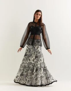 Black Top With Black And White Skirt In Organza And Georgette
