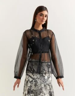 Black Top With Black And White Skirt In Organza And Georgette -Incasee Ceantral omshtflr03omskflr024