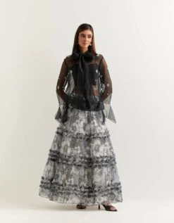 Black Shirt With A Black And White Skirt In Organza With Georgette