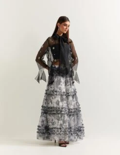 Black Shirt With A Black And White Skirt In Organza With Georgette -Incasee Ceantral omtsflr013