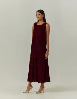 Wine Tiered Velvet Dress -Incasee Ceantral omwvel22dra032