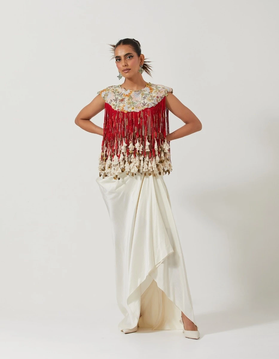 Ivory Draped Skirt Paired With A Red Top With Cords And An Ivory Inner 3 Ivory Draped Skirt Paired With A Red Top With Cords And An Ivory Inner