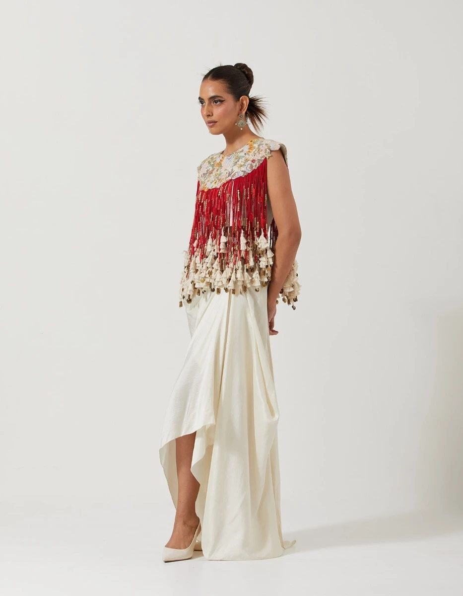 Ivory Draped Skirt Paired With A Red Top With Cords And An Ivory Inner 4 Ivory Draped Skirt Paired With A Red Top With Cords And An Ivory Inner - Image 2