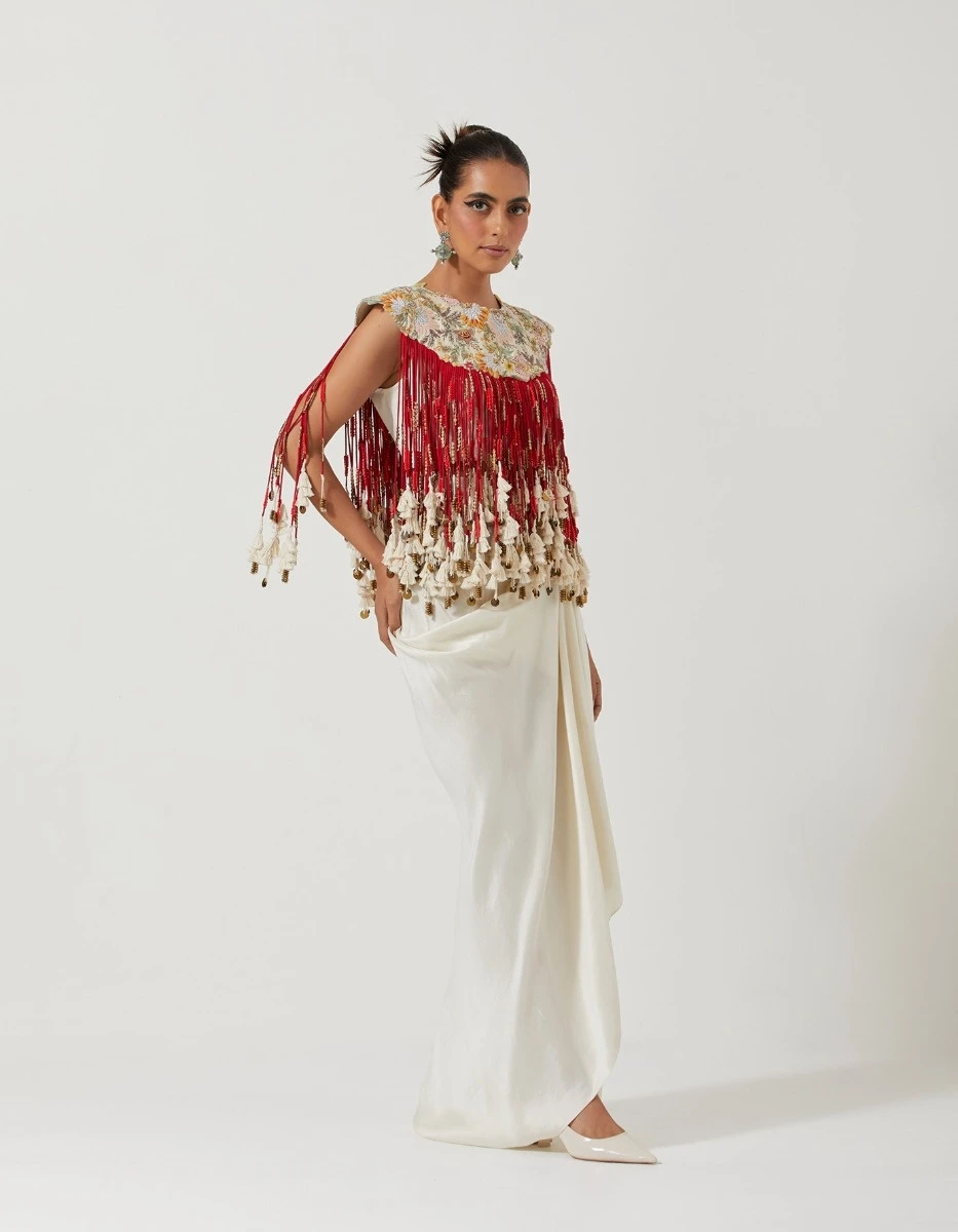 Ivory Draped Skirt Paired With A Red Top With Cords And An Ivory Inner 5 Ivory Draped Skirt Paired With A Red Top With Cords And An Ivory Inner - Image 3