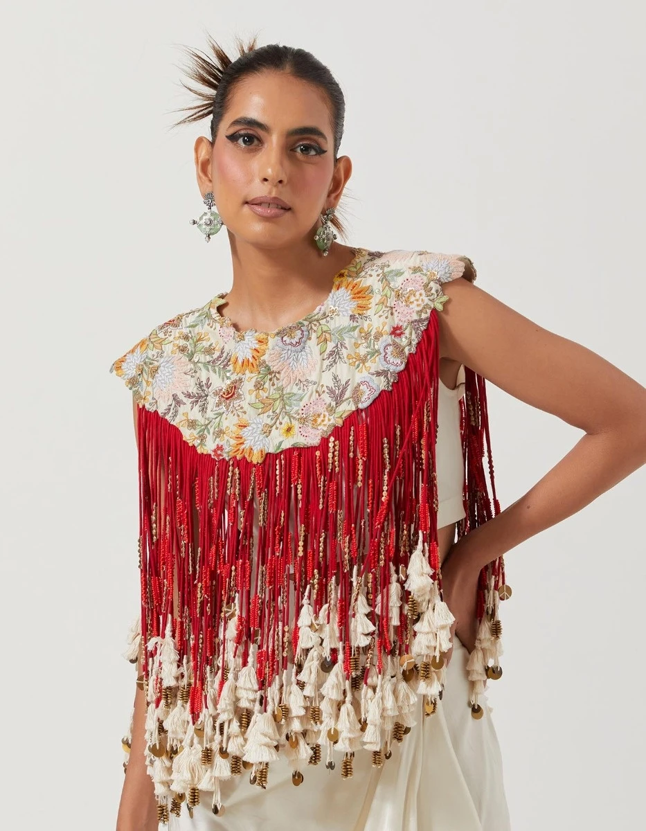 Ivory Draped Skirt Paired With A Red Top With Cords And An Ivory Inner 6 Ivory Draped Skirt Paired With A Red Top With Cords And An Ivory Inner - Image 4