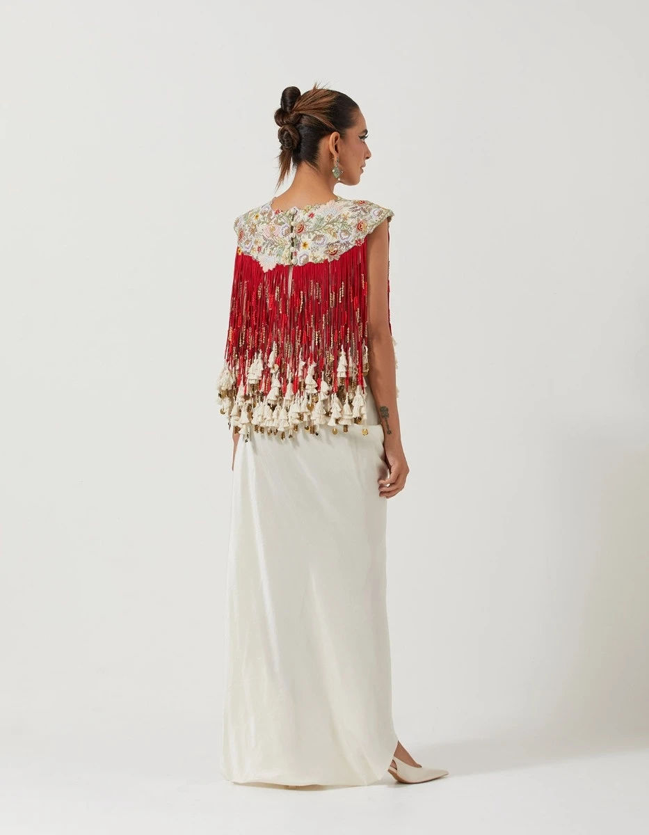 Ivory Draped Skirt Paired With A Red Top With Cords And An Ivory Inner 7 Ivory Draped Skirt Paired With A Red Top With Cords And An Ivory Inner - Image 5