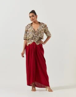 Heavy Beaded Red Tribal Jacket With A Draped Skirt Set
