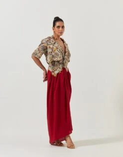 Heavy Beaded Red Tribal Jacket With A Draped Skirt Set -Incasee Ceantral paplw4266bom5332m3