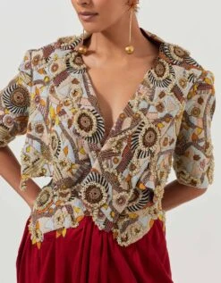 Heavy Beaded Red Tribal Jacket With A Draped Skirt Set -Incasee Ceantral paplw4266bom5332m4