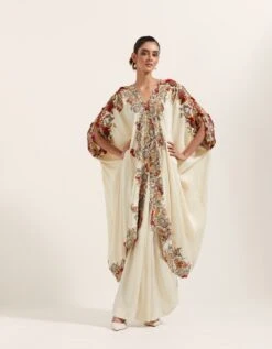 Ivory Cape And A Draped Skirt Set With Embroidery