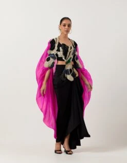 Fuschia Cape And Draped Black Skirt Set