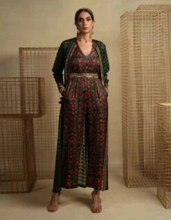 Phulvari Mehendi Jumpsuit With Embroidered Organza Jacket And Belt -Incasee Ceantral pkkhasbagh0012