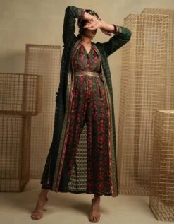 Phulvari Mehendi Jumpsuit With Embroidered Organza Jacket And Belt -Incasee Ceantral pkkhasbagh0013