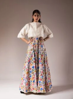 Pleated Ivory Blouse With Full Handpainted Floral Kalidaar Lehenga