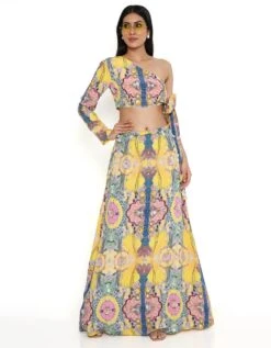 Yellow Enchanted Print Crepe Embroidered Side Tie-Up Choli With A Skirt
