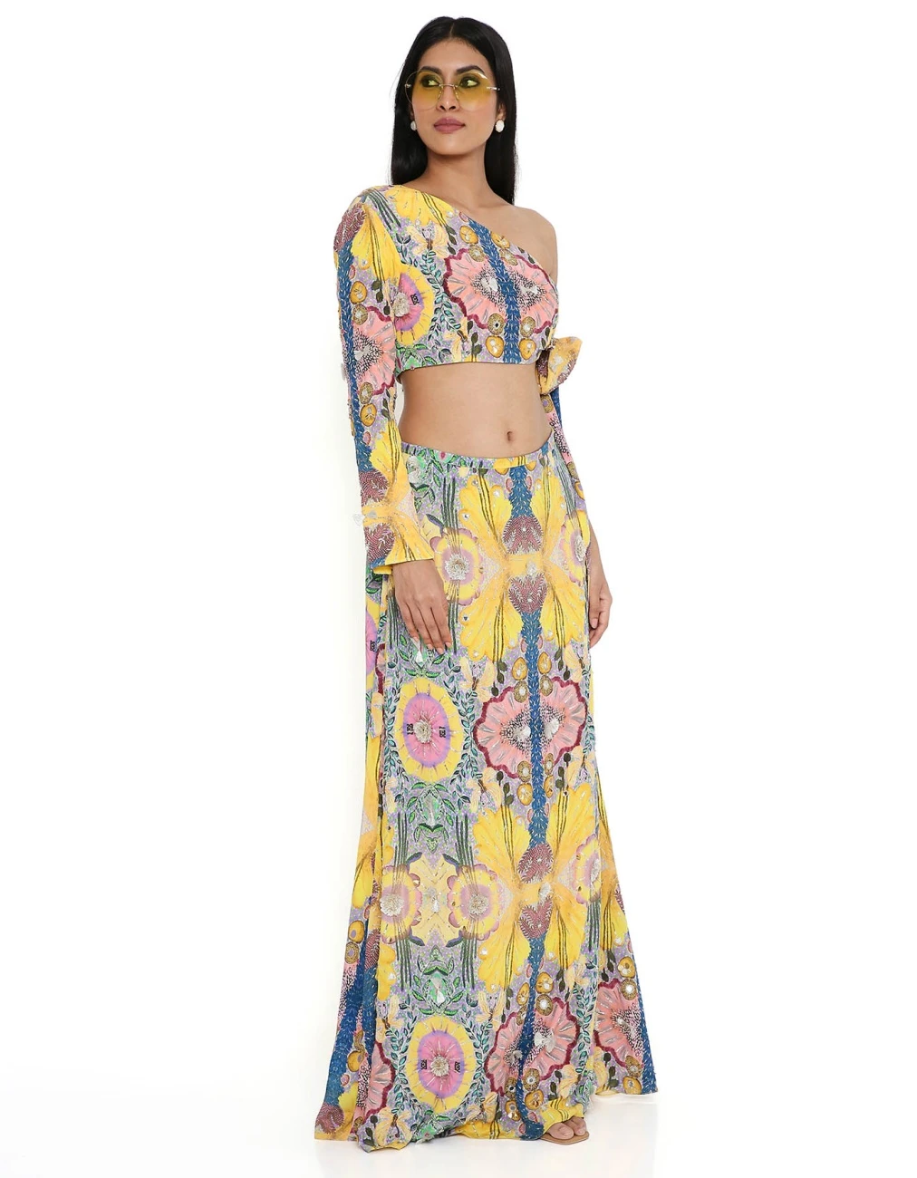 Yellow Enchanted Print Crepe Embroidered Side Tie-Up Choli With A Skirt 4 Yellow Enchanted Print Crepe Embroidered Side Tie-Up Choli With A Skirt - Image 2