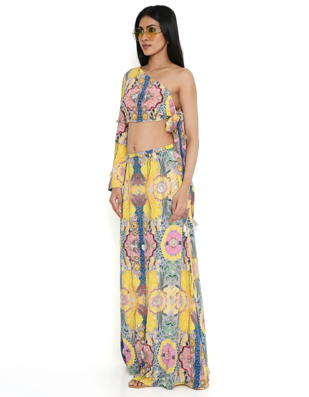 Yellow Enchanted Print Crepe Embroidered Side Tie-Up Choli With A Skirt 6 Yellow Enchanted Print Crepe Embroidered Side Tie-Up Choli With A Skirt - Image 4