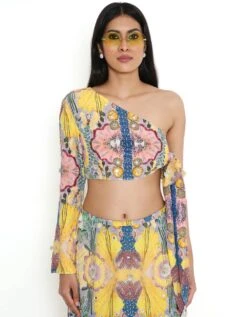 Yellow Enchanted Print Crepe Embroidered Side Tie-Up Choli With A Skirt 13 Yellow Enchanted Print Crepe Embroidered Side Tie-Up Choli With A Skirt -Incasee Ceantral ps cs0036 c5