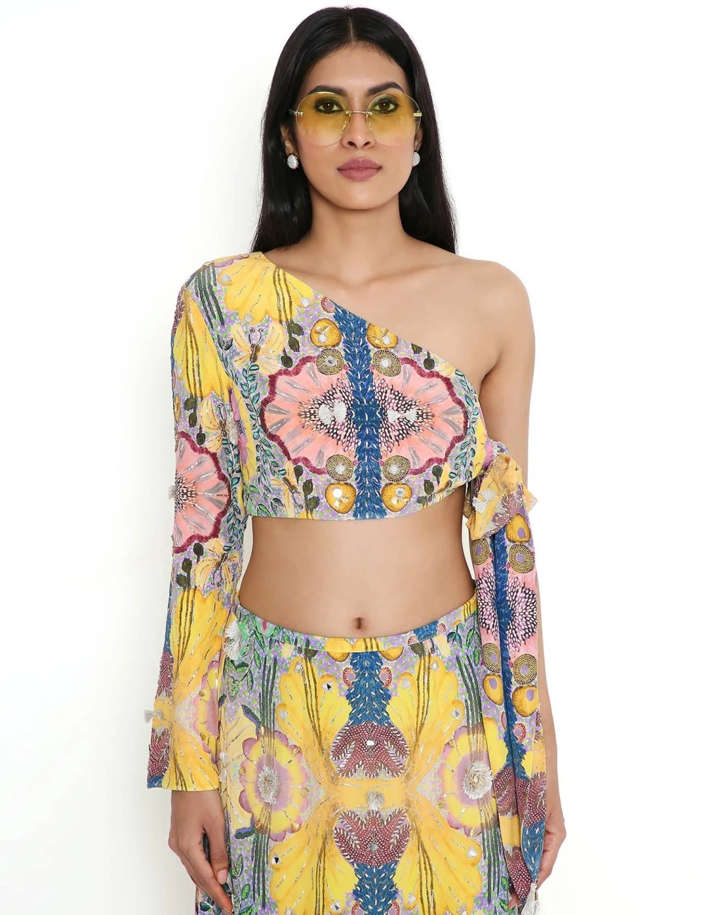 Yellow Enchanted Print Crepe Embroidered Side Tie-Up Choli With A Skirt 7 Yellow Enchanted Print Crepe Embroidered Side Tie-Up Choli With A Skirt - Image 5