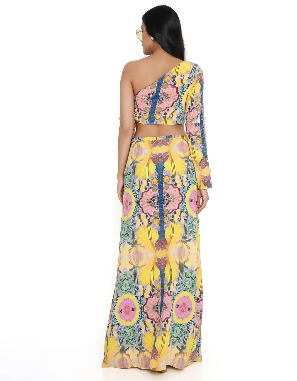 Yellow Enchanted Print Crepe Embroidered Side Tie-Up Choli With A Skirt 9 Yellow Enchanted Print Crepe Embroidered Side Tie-Up Choli With A Skirt - Image 7
