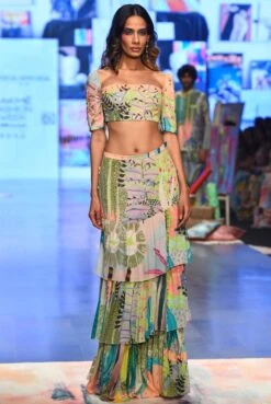 Agnes Tropical Print Georgette Embroidered Top With Layered Front Slit Skirt
