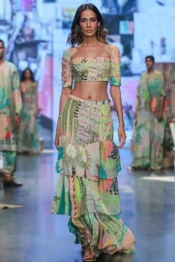 Agnes Tropical Print Georgette Embroidered Top With Layered Front Slit Skirt -Incasee Ceantral pscs00333