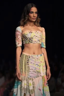 Agnes Tropical Print Georgette Embroidered Top With Layered Front Slit Skirt -Incasee Ceantral pscs00334