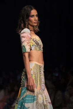 Agnes Tropical Print Georgette Embroidered Top With Layered Front Slit Skirt -Incasee Ceantral pscs00335