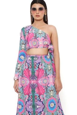 Pink Enchanted Print Crepe Embroidered Side Tie-Up Choli With Skirt 10 Pink Enchanted Print Crepe Embroidered Side Tie-Up Choli With Skirt -Incasee Ceantral pscs0036b3