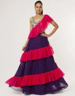 Purple Georgette Embroidered Choli And Mukaish Georgette Lehenga With Attached Hot Pink Soft Net Frills