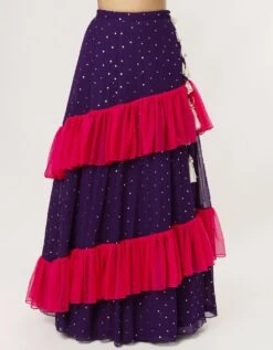 Purple Georgette Embroidered Choli And Mukaish Georgette Lehenga With Attached Hot Pink Soft Net Frills -Incasee Ceantral pslh0073c3