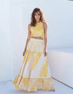 Bone Floral Printed Skirt With Floral Embroidered Top