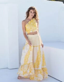 Bone Floral Printed Skirt With Floral Embroidered Top -Incasee Ceantral pss24023