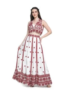 White With Red Mirror Embroidered Crop Jacket With Bustier And Skirt