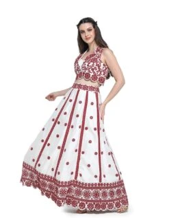White With Red Mirror Embroidered Crop Jacket With Bustier And Skirt -Incasee Ceantral pss24803