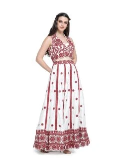 White With Red Mirror Embroidered Crop Jacket With Bustier And Skirt -Incasee Ceantral pss24804