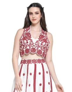 White With Red Mirror Embroidered Crop Jacket With Bustier And Skirt -Incasee Ceantral pss24805