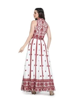 White With Red Mirror Embroidered Crop Jacket With Bustier And Skirt -Incasee Ceantral pss2480b